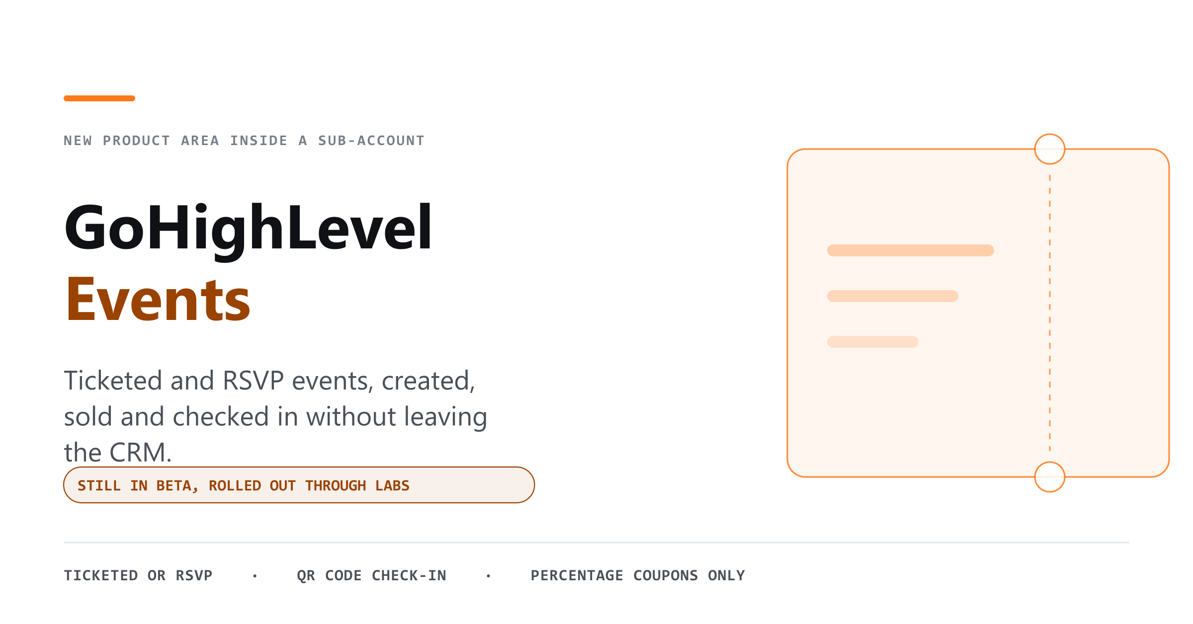 Title card for a guide to GoHighLevel Events, the ticketed and RSVP event area inside a HighLevel sub-account, marked as still in beta.